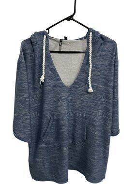 Pacific Beach Large Blue Hooded Poncho Top V-Neck Front Pocket Boho Chiccore